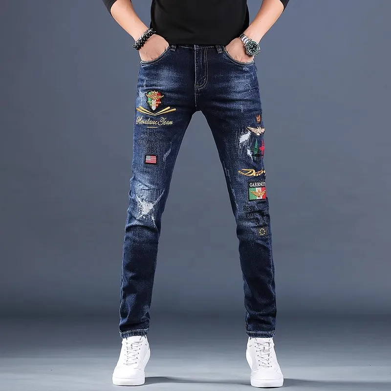 

Spring Summer Men's Embroidered Slim Fit Jeans Faionable Casual Trendy Pants Cotton Stretch Denim mid Waist Zipper Fly
