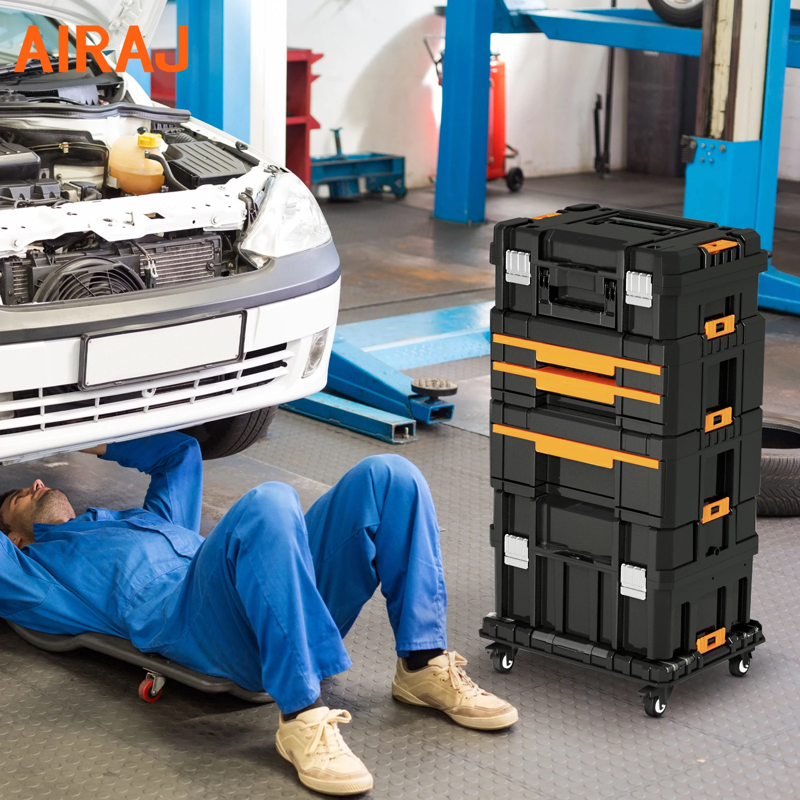 

AIRAJ 4 Tier Stackable Rolling Tool Box Modular Tools Organizer Storage System Fold-Down Handles For Garage Storage Home Repairs