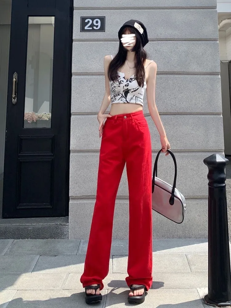 Red Christmas Wide Leg Jeans Women's New Year Red Loose High Waist Straight leg Pants