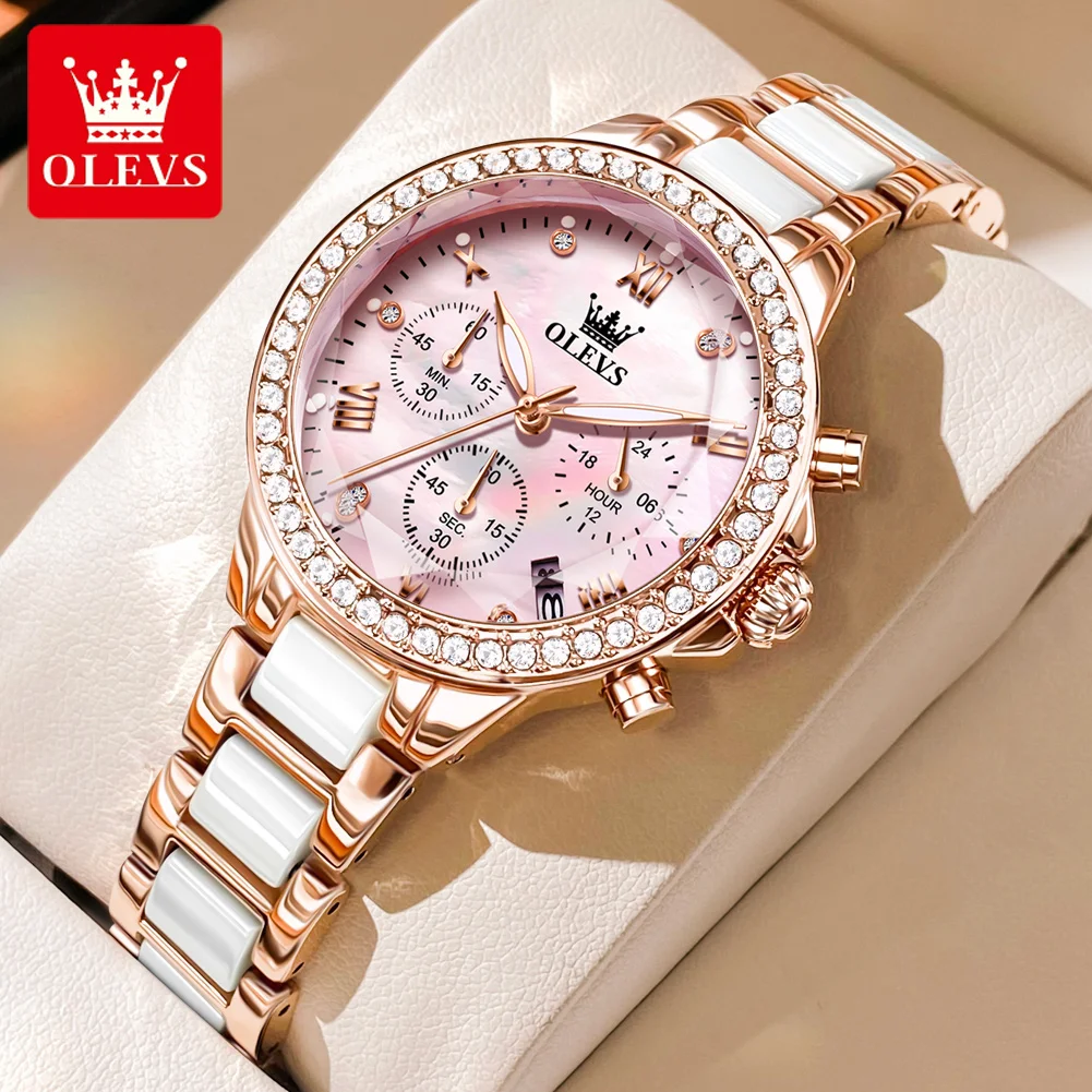 OLEVS Diamond Quartz Watch for Women Luxury Elegant Ceramics Strap Rhombic Mirror Ladies Wristwatch Waterproof Chronograph Watch