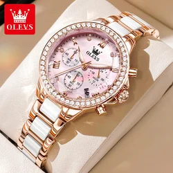 OLEVS-reloj de cuarzo con diamantes para mujer, pulsera elegante de lujo con correa de cerámica, espejo rómbico, resistente al agua, cronógrafo