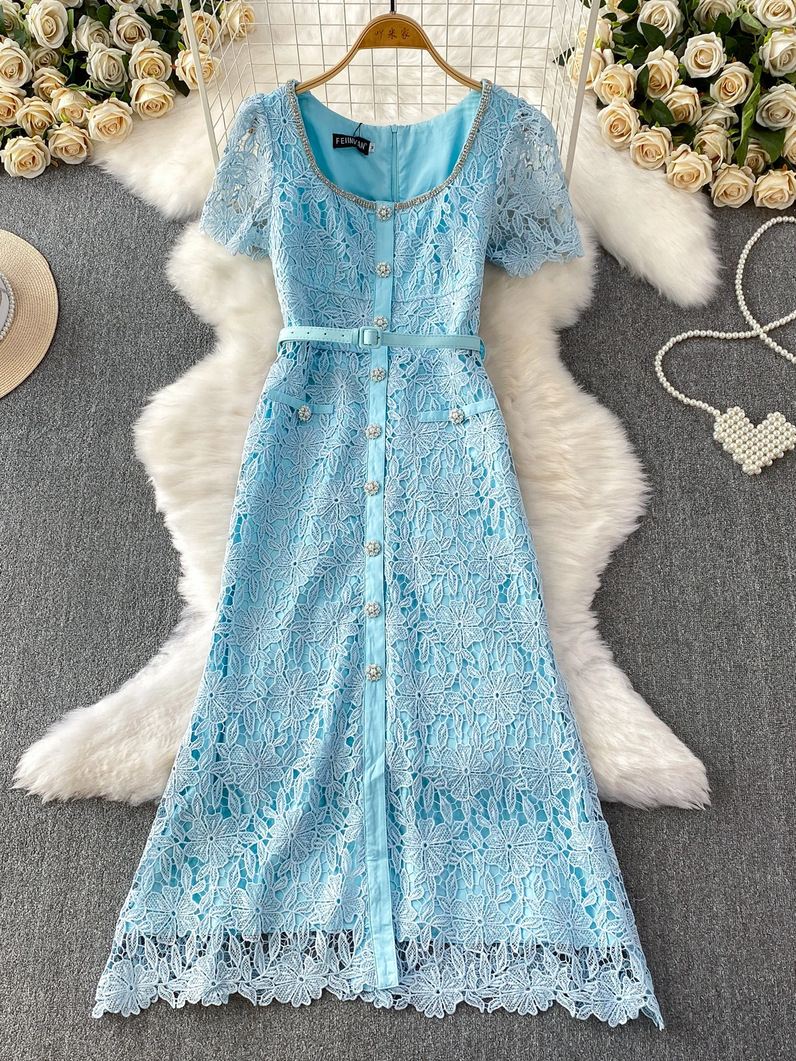 Ele Diamond Embellied Lace Dr Women's Summer High Waist ort Sve Ele Ball Gown Sle Dres