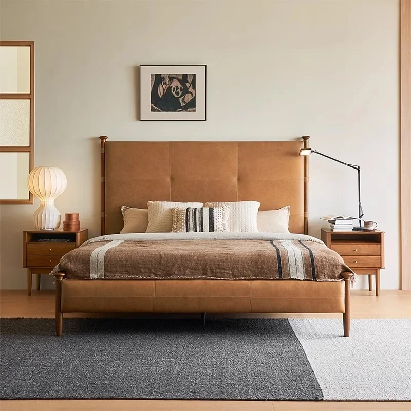 Sycamore leather bed French retro master bedroom first layer cowhide double bed