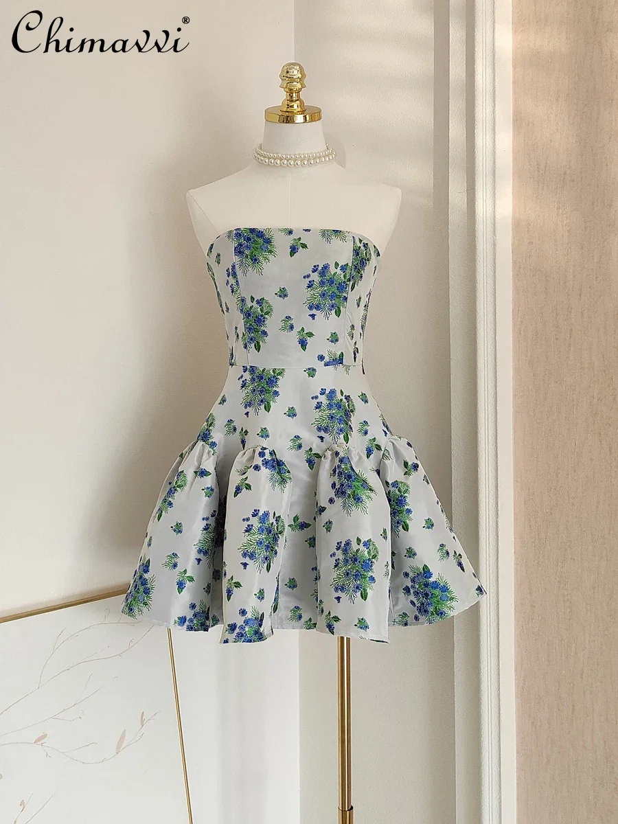 

French Style Elegant Socialite Printed Sleeveless Off-Shoulder Backless High Waist Ruffles Strapless Short Evening Dress Women