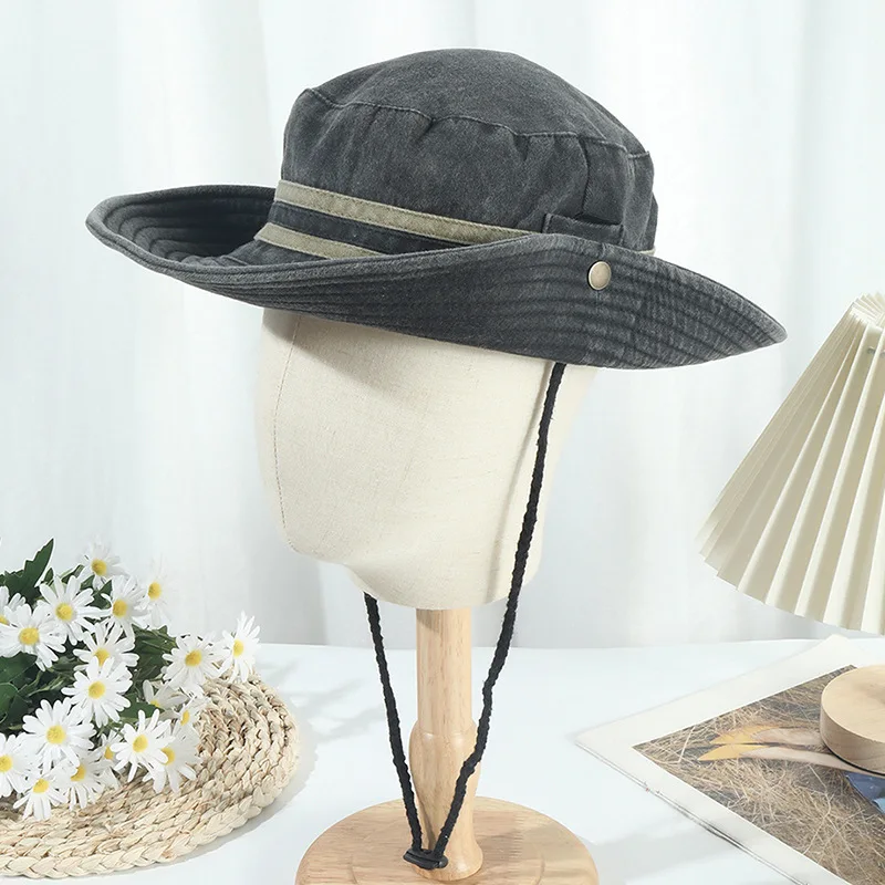 قبعة دلو برباط من رعاة البقر الغربي للحماية من أشعة الشمس الصيفية العتيقة، قبعة سفر متعددة الاستخدامات للمشي لمسافات طويلة والتخييم #2