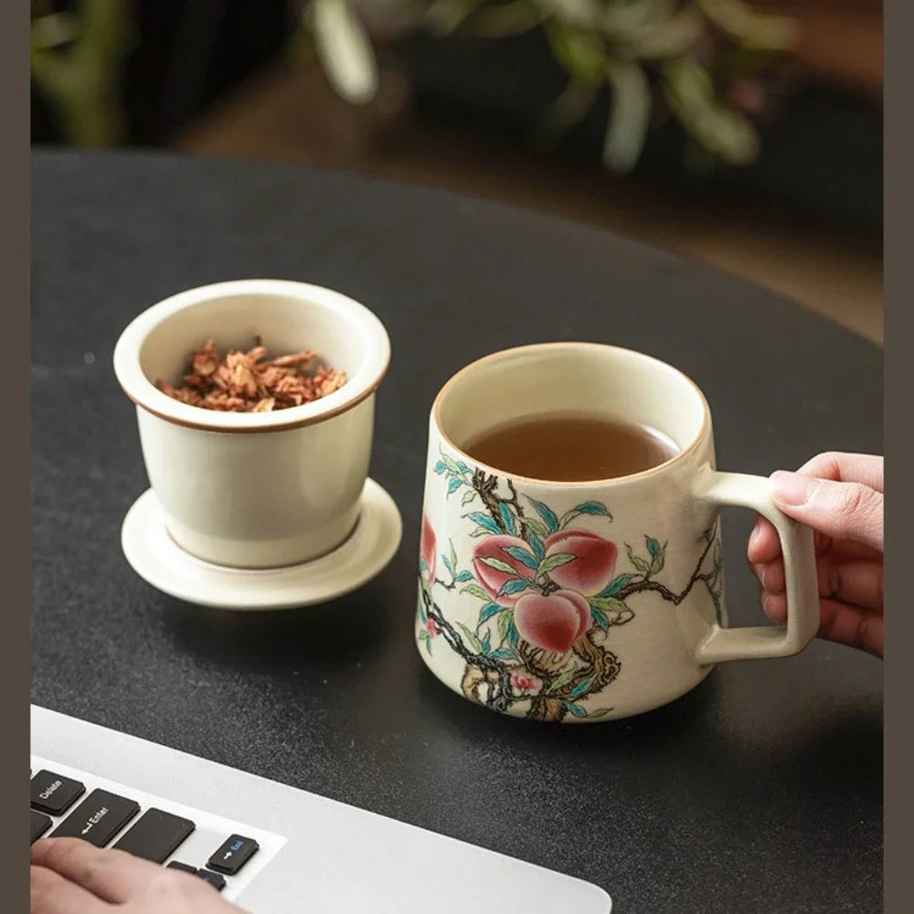 349Ml Ru Kiln Pastel Nine Peach Mug with Lid Ceramic Cup High-end Office Cup Tea Separation OfficeTea Cup Personal Coffee Mug