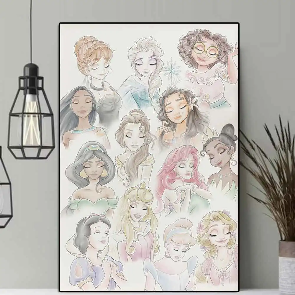 

Disney Cartoon Princesses Watercolor Poster Print Nursery Wall Art Cinderella Elsa Comic Canvas Painting Princess Room Decor