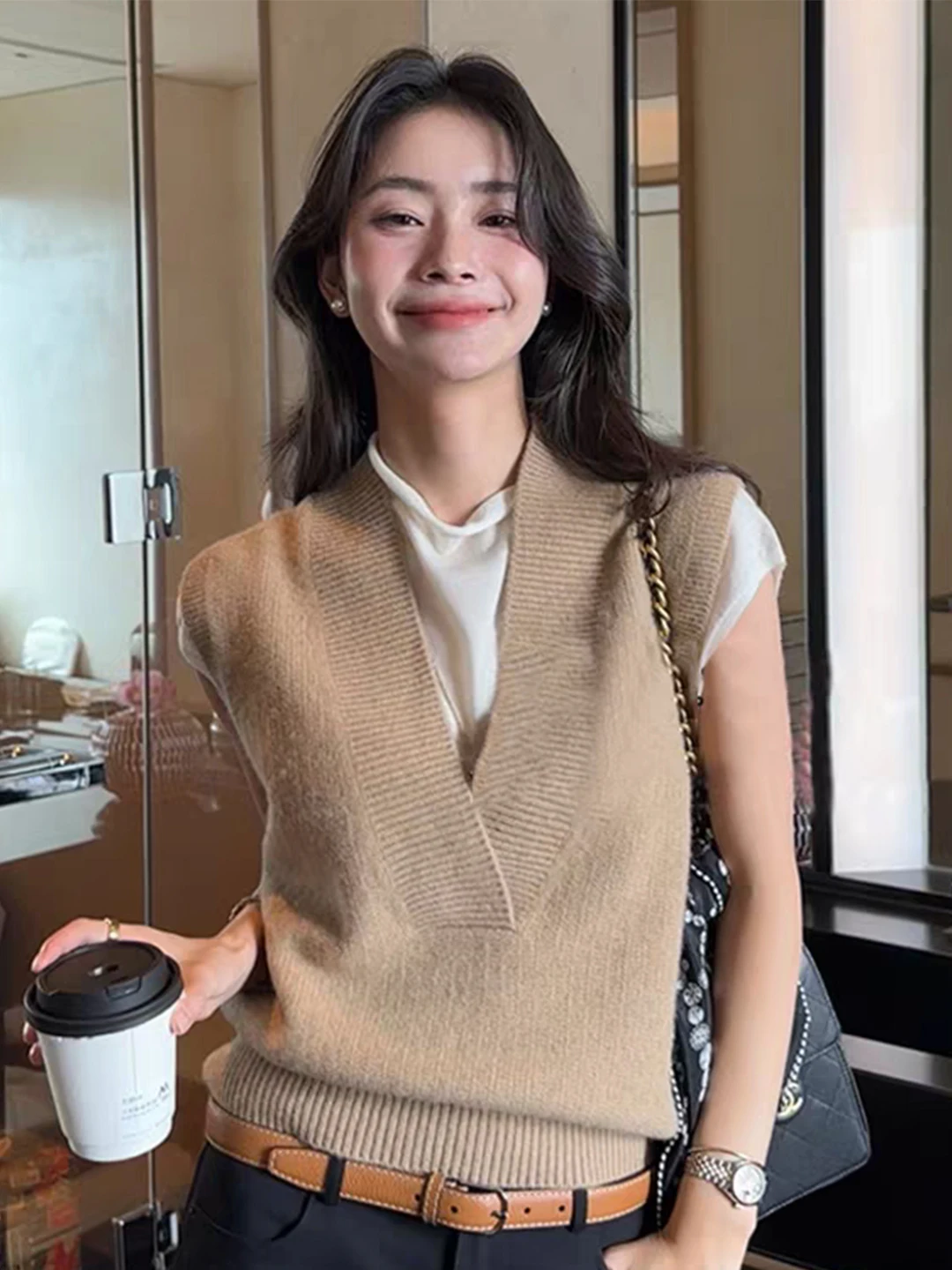 Autumn Winter Soft Cozy V-Neck Knitted Vest Shirt Outerwear Layering Sweater Vest Medium Warmth Regular Length No Button