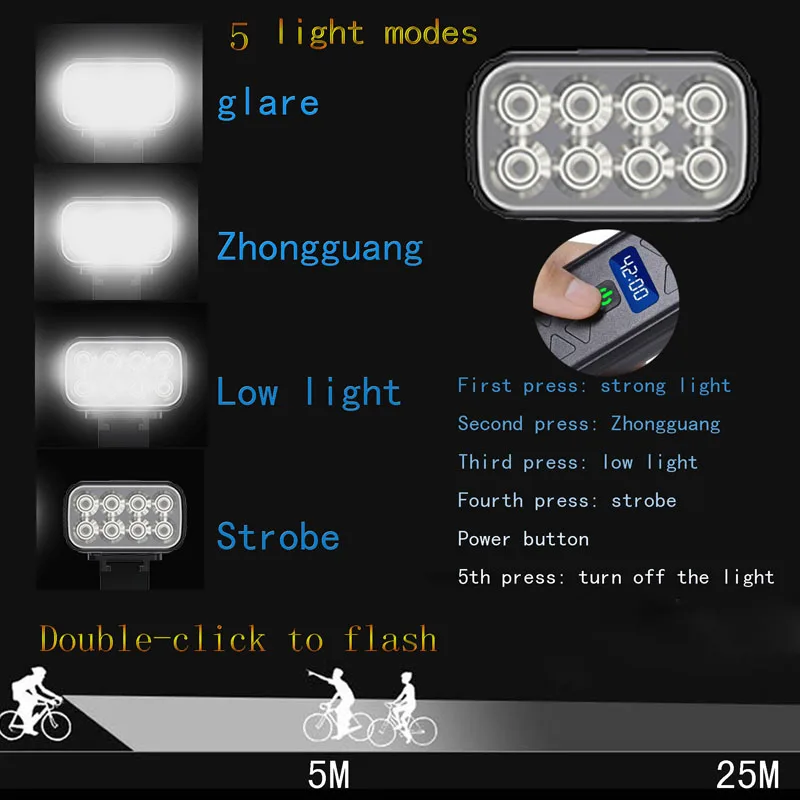 自転車用USB付き充電式LEDライト,フロントライト,パワーバンク,自転車アクセサリー,8 * t6,10000mAh