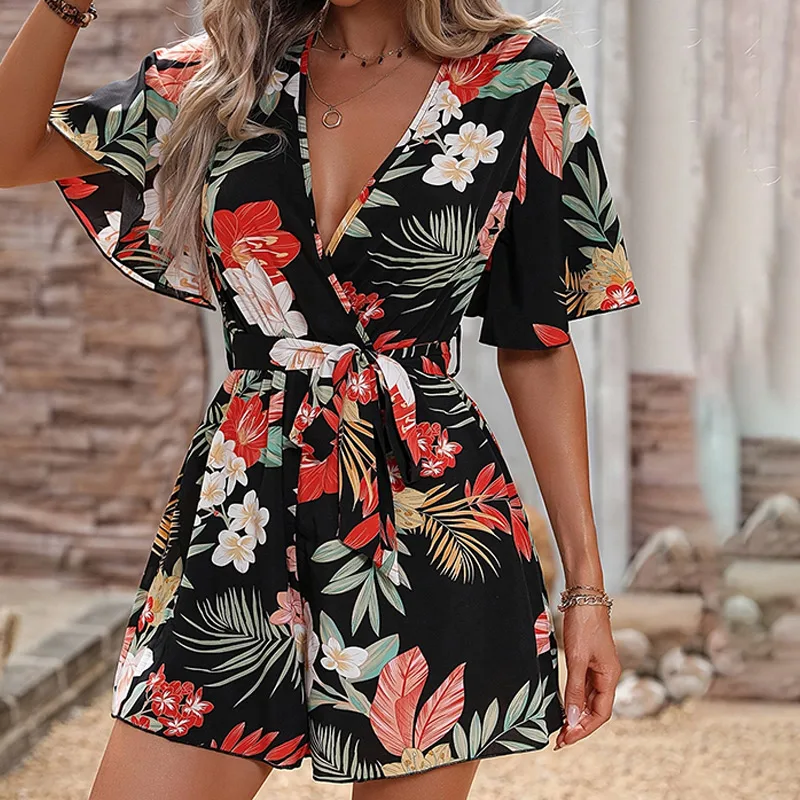 Bohemian Floral Print Short Jumpsuits For Women Summer Short Sleeve Wide Legs One Pieces Elegant 2024 Beach Wear Casual Outfit