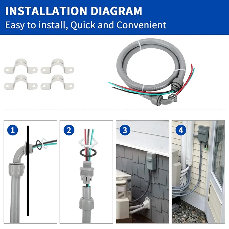 ABAE-1/2 นิ้ว 4Ft ท่อไฟฟ้า 10-Gauge Wire Ground Nonmetallic Liquid แน่นแส้ชุด AC Disconnect กล่องแส้