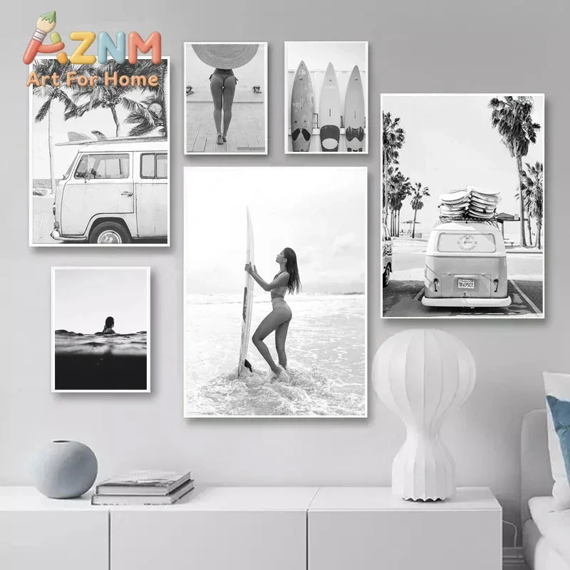 1pc Black and White Surfer Beauty Art Poster Beach Surfboard Coasta Print Vintage Minimalist Wall Art Home Living Room Decor