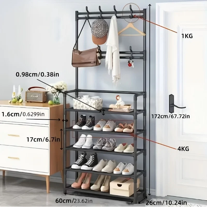 

5-Layer Floor Standing Shoe Rack with Coat & Hat Hooks - Multi-Functional Entryway Storage Organizer for Living Room, Bedroom, D