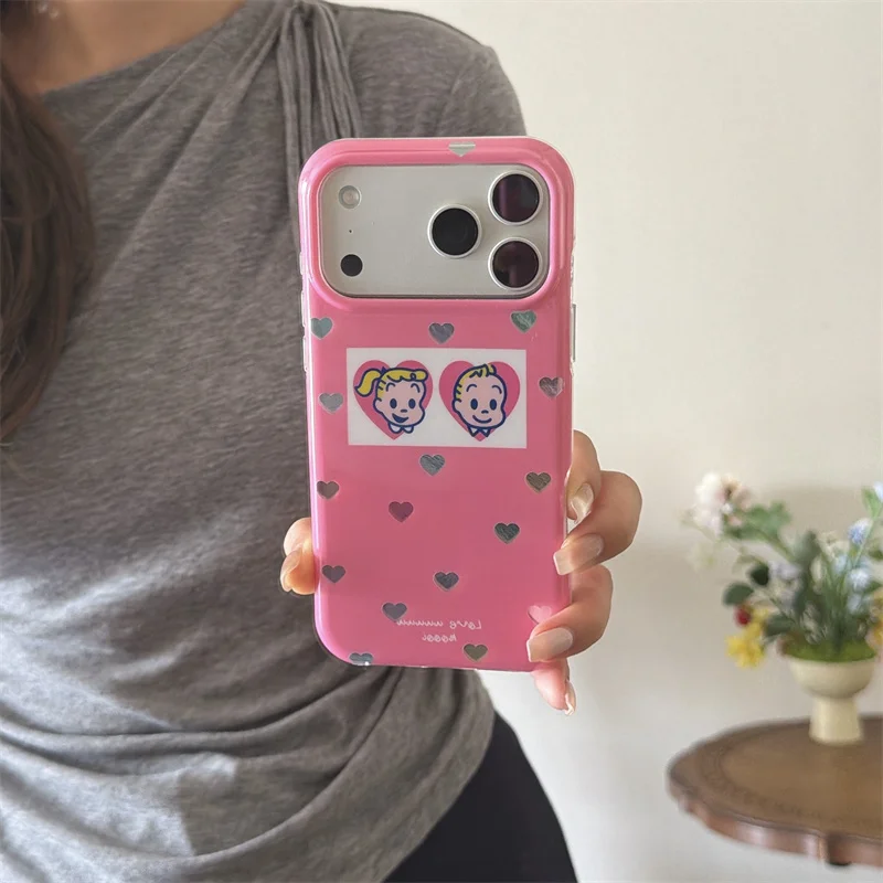 

Cute Pink Heart Cartoon Couple Phone Case For iPhone 17 16 15 Pro Max Shockproof Soft TPU Camera Lens Protection Cover Girls Y2K