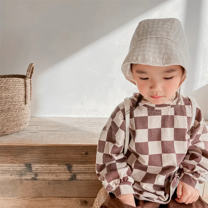 LILIIRL 2025 Autumn Spring Unisex Kids Plaid Loose T-shirts Long Sleeve Tees Korean Style Children Casual Tops