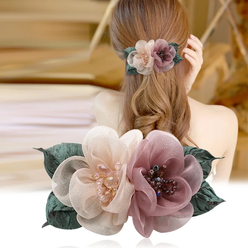 Women's Elegant Fabric Flower Hair Clip Sweet Mesh Tull Flower French Hair Barrette Ponytail Clip Hair Accessoires