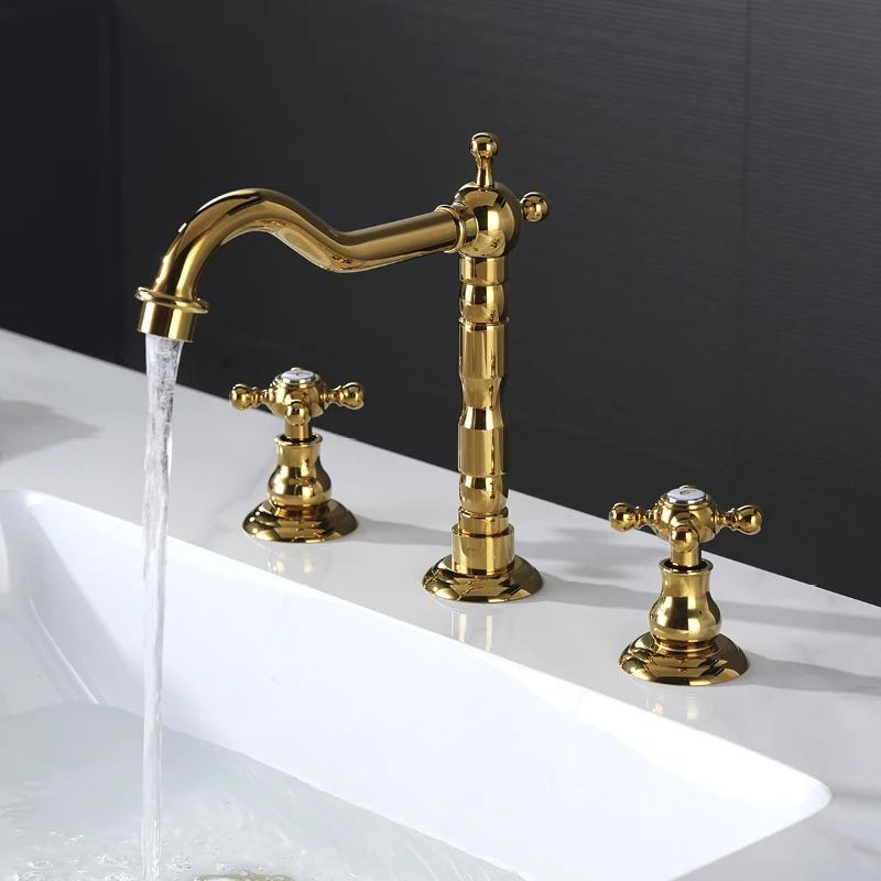 

Bathroom Basin Faucet 3 Hole Cross Double Handle Sink Faucet Cold and Hot Mixer Tap Vanity Sink Faucet Gold