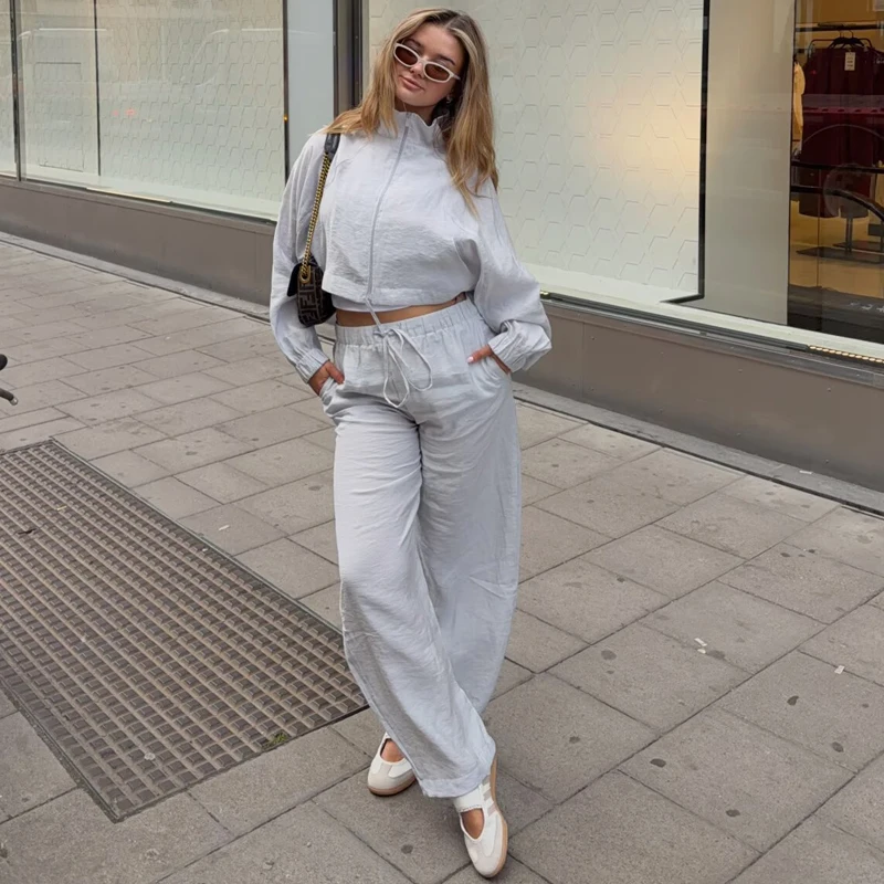 HXAO Übergroße Hosen-Sets Sommer Damenanzug Crop Loose Langarm-Oberteil 2-teiliges Set Weite Schnürhose Urlaubsoutfit Damen – Detail 12