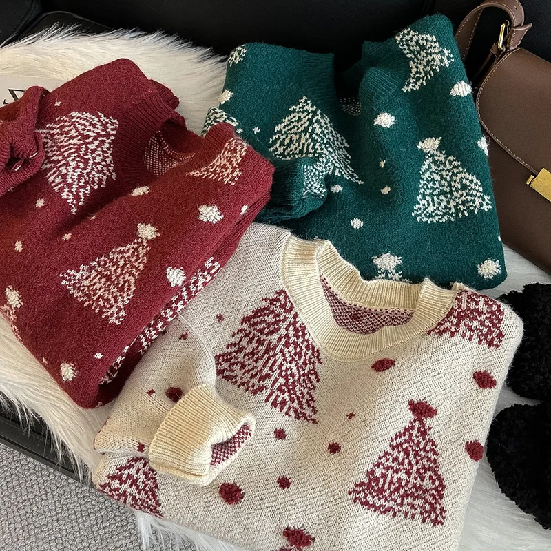 

Christmas Red Pullover Sweater 2023 Autumn/Winter Women's Contrast Christmas Tree Round Neck Knit Casual Lazy Style New Year Top