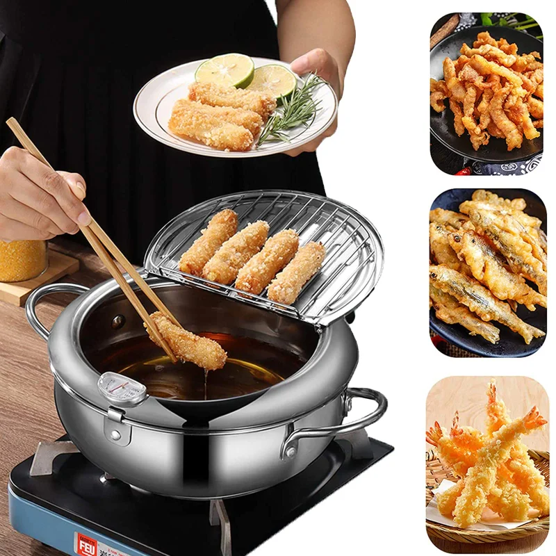 

Deep Fryer Pot Japanese Deep Frying Pot With A Thermometer And A Lid 304 Stainless Steel Kitchen Tempura Fryer Pan 20 Cm Kc0405