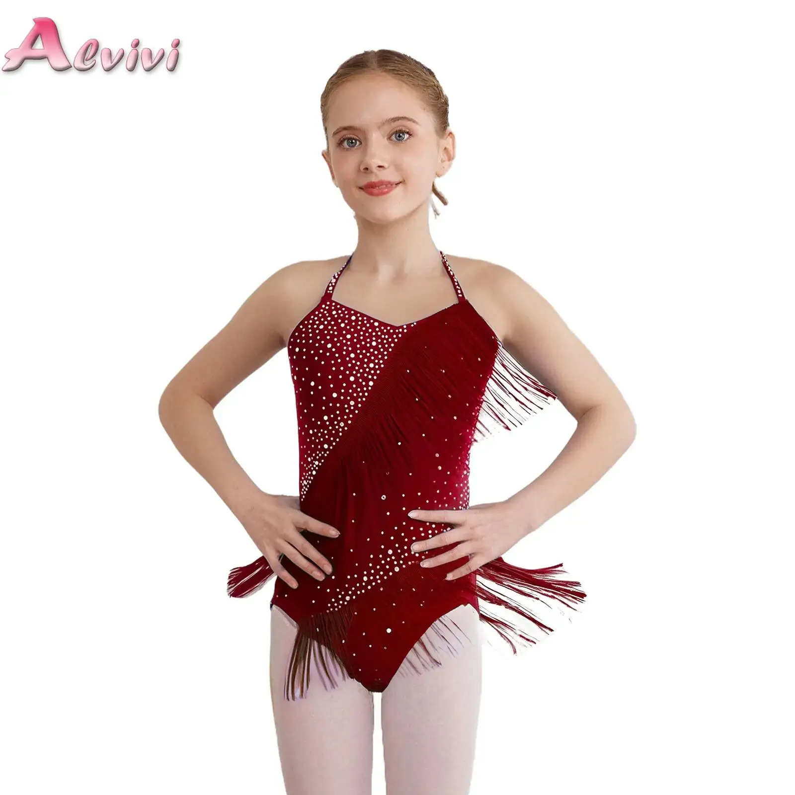 Vestido de leotardo de baile latino con borlas para niñas, mono con flecos de diamantes de imitación para Tango Cha-Cha Salsa patinaje artístico puesta en escena