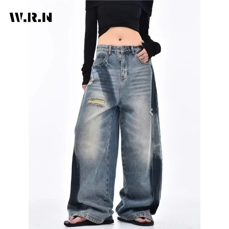 Vintage Ripped Harajuku Loose Fit Jeans Y2K Hollow Out Wide Leg Trashy Pants Women's Baggy Patchwork Blue Denim Trouser