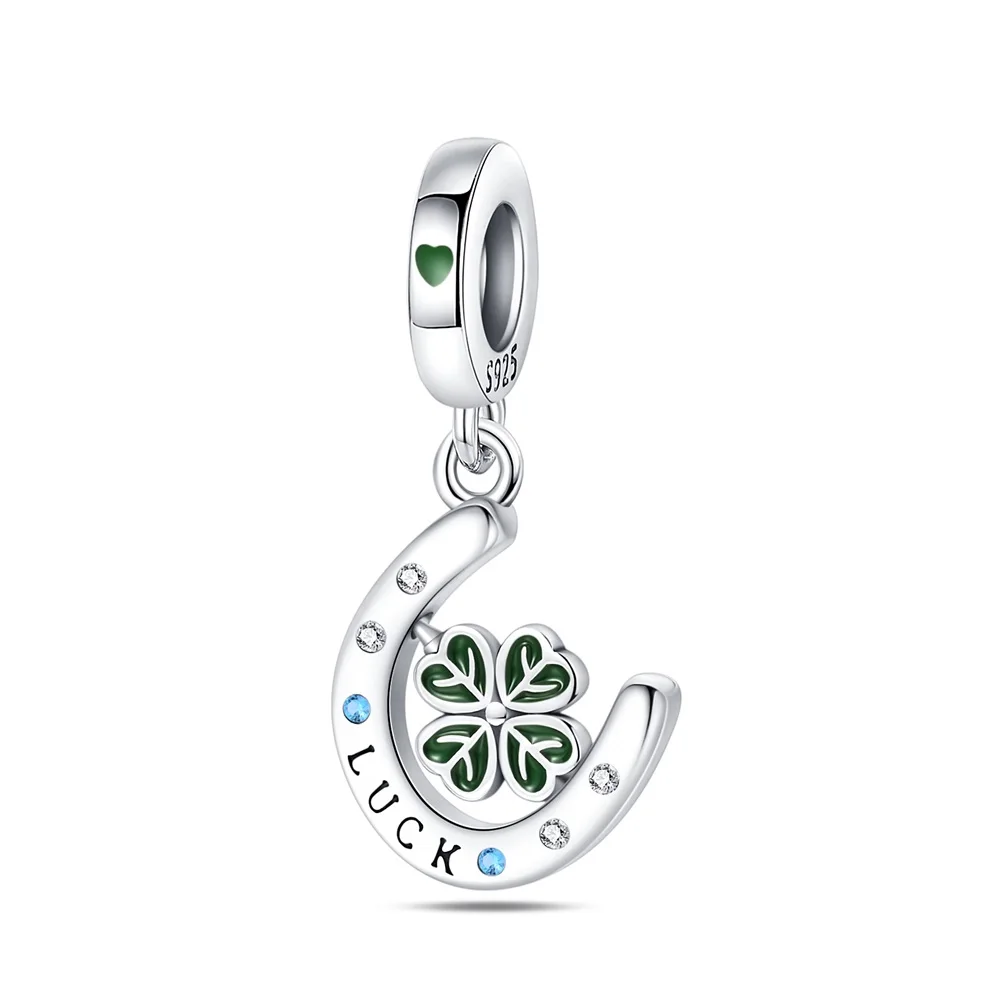 

Beautiful 925 Sterling Silver Green Clover Horseshoe Lucky Charm Fit Pandora Bracelet Women's Birthday Party Jewelry Gift