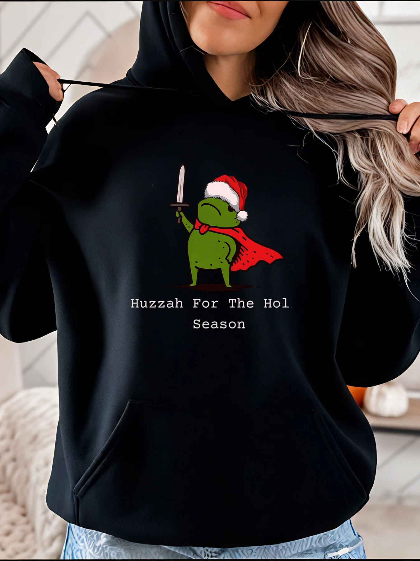 Frog with Sword and Santa Hat Print Hoodie Christmas Holiday Theme Casual Wear Women Festive Party Outfit
