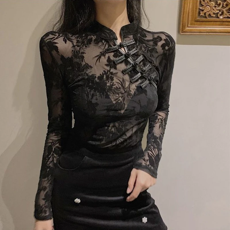 2026 Fashion Lace See Through Shirts and Blouses Summer Woman Long Sleeve Slim Korean Turtleneck Black Sexy Tops for Women Y2k