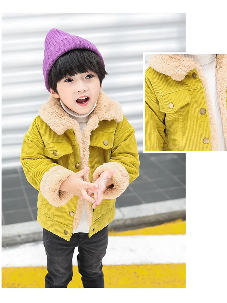 Corduroy Plush Jacket 2023 New Autumn/Winter Boys Girls Thickening Single Breasted Cotton Top Casual Fashion Warm Baby\'s Coat