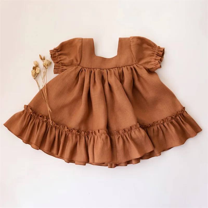 Vintage Baby Girl Dress Summer Linen Cotton Ruffles Kids Dress for Girls 1-5Years Baby Girl Clothes Toddler Girls Clothing