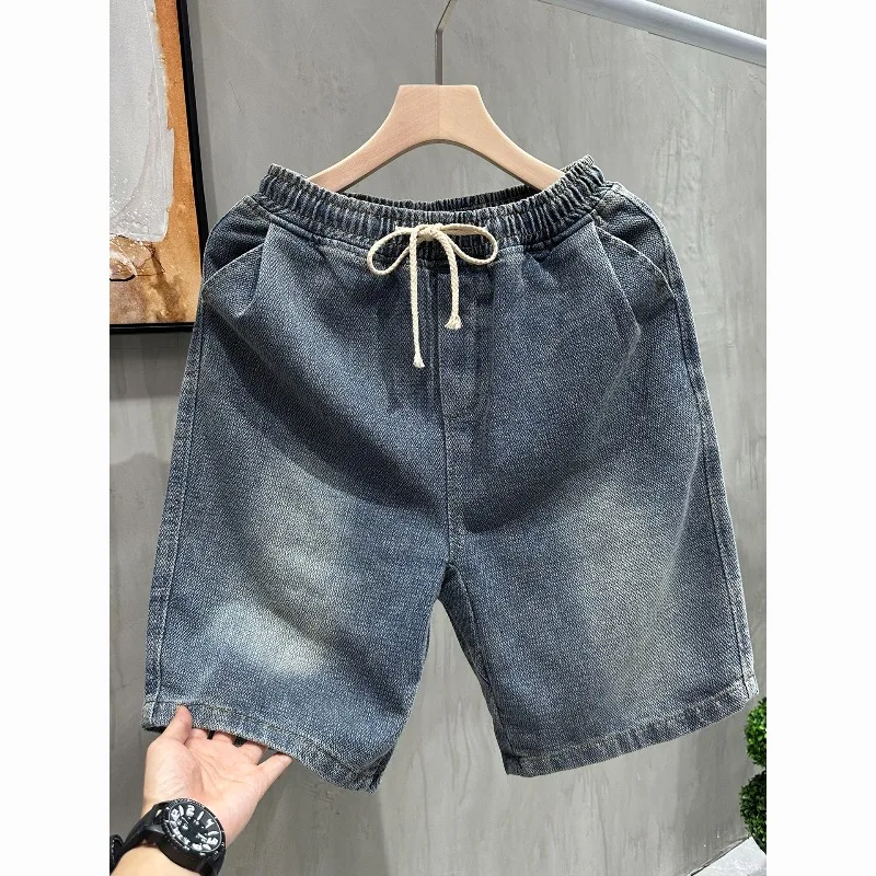 Men's Casual Elastic Waist Drawstring Denim Shorts Loose Fit Rolled Hem Summer Jeans Shorts