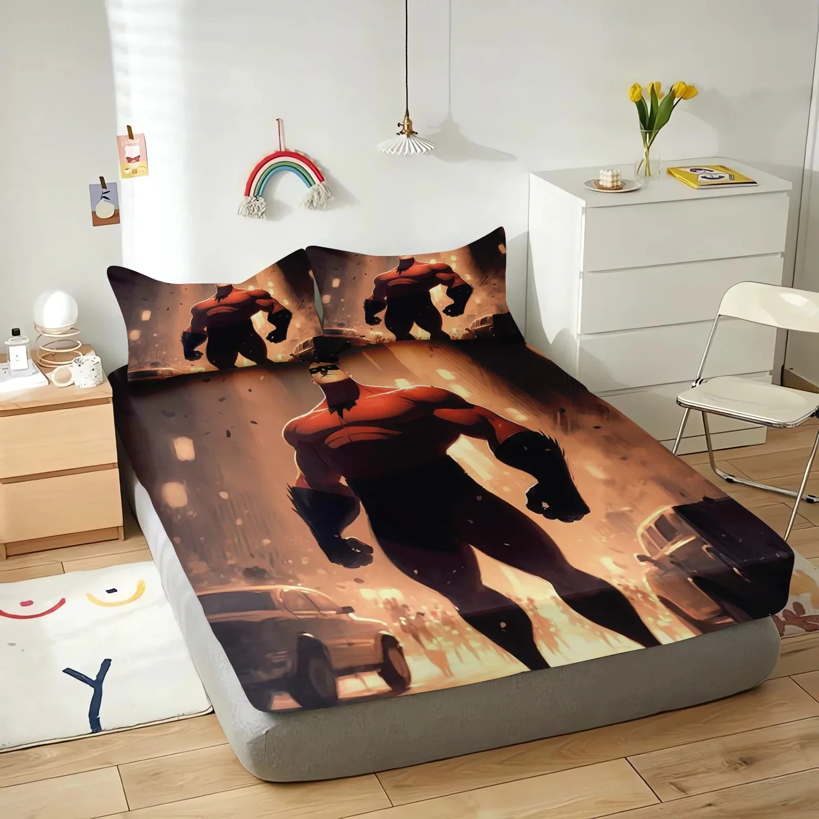 Disney The Incredibles Cartoon Sheets,Kawaii Anime Printed Fitted Bed Sheets Bed Cover,Bedroom Decor Children Bedding