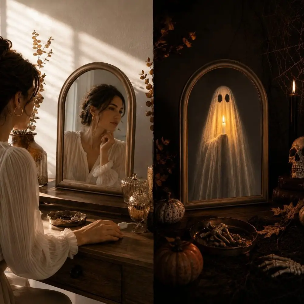 LED Glowing Ghost Mirror Ghost Shaped Warm LED Lights Halloween Ghost Mirror Illuminated Battery Powered Wall Hanging Mirror
