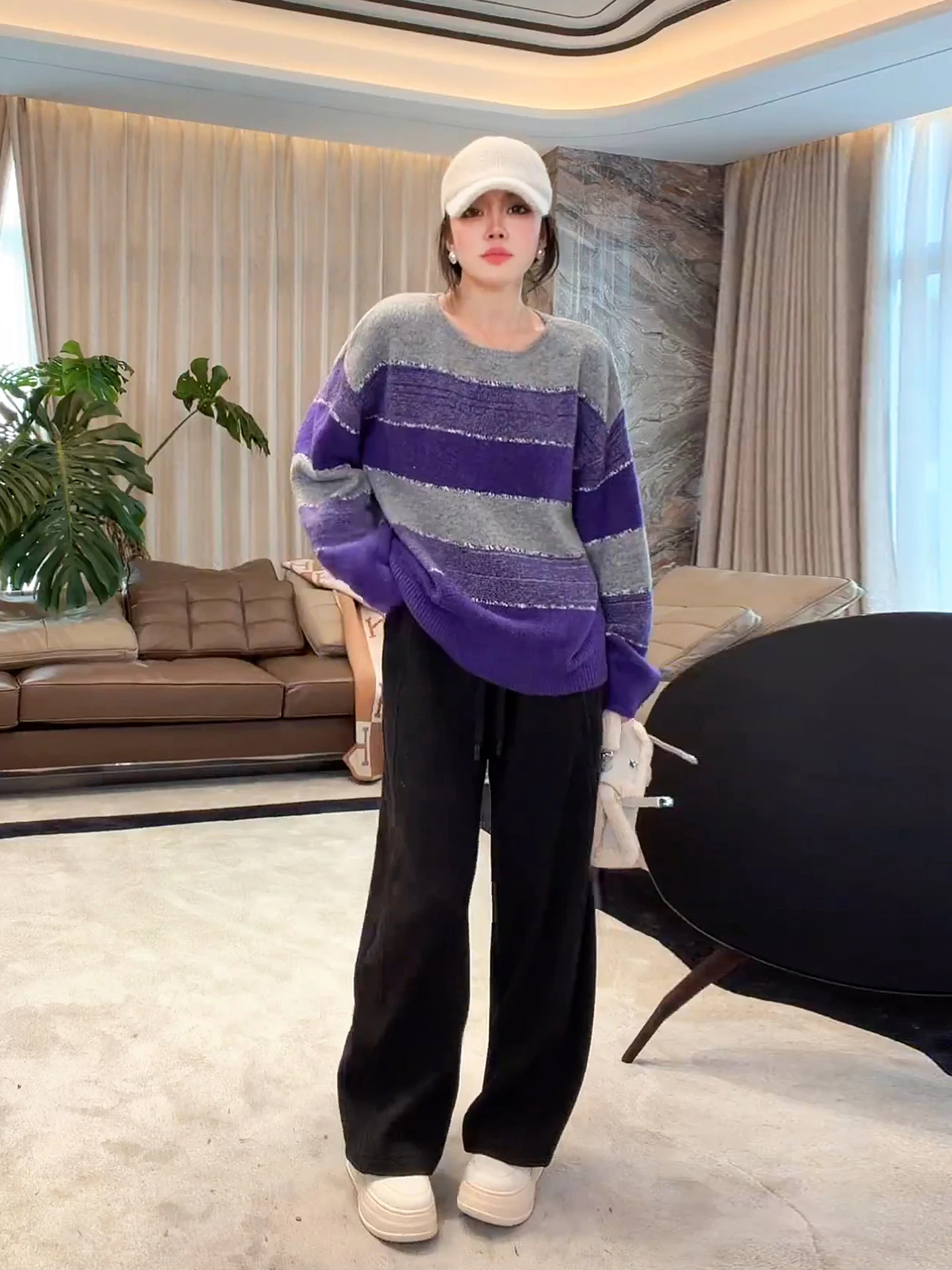 

Faionable Ultra-Fine Merino Wool Floral Art Stripe Loose Sweater MESA4273 Long Sve Mid-Length Polyester Nylon Blend