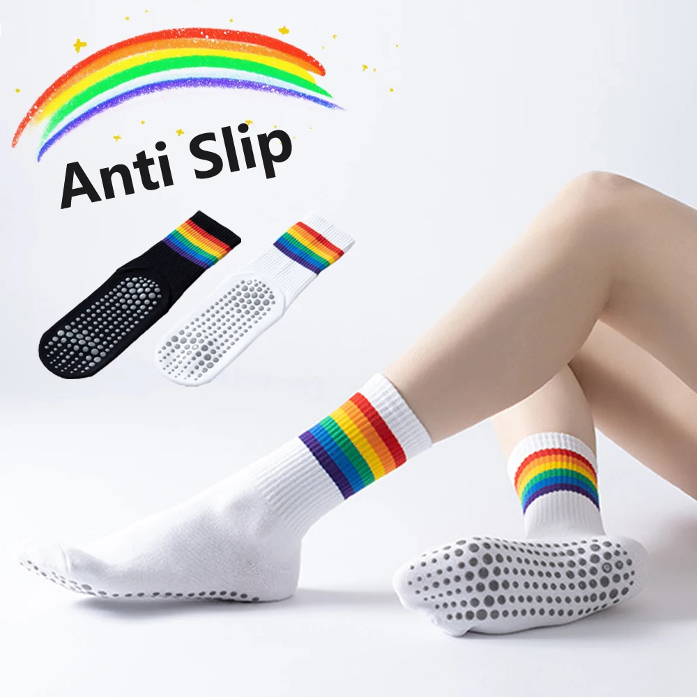 Rainbow stripes Women's  Pilates yoga socks anti-slip Mid tube socks cotton Sports socks Indoor sports Aerobic exercises fitness