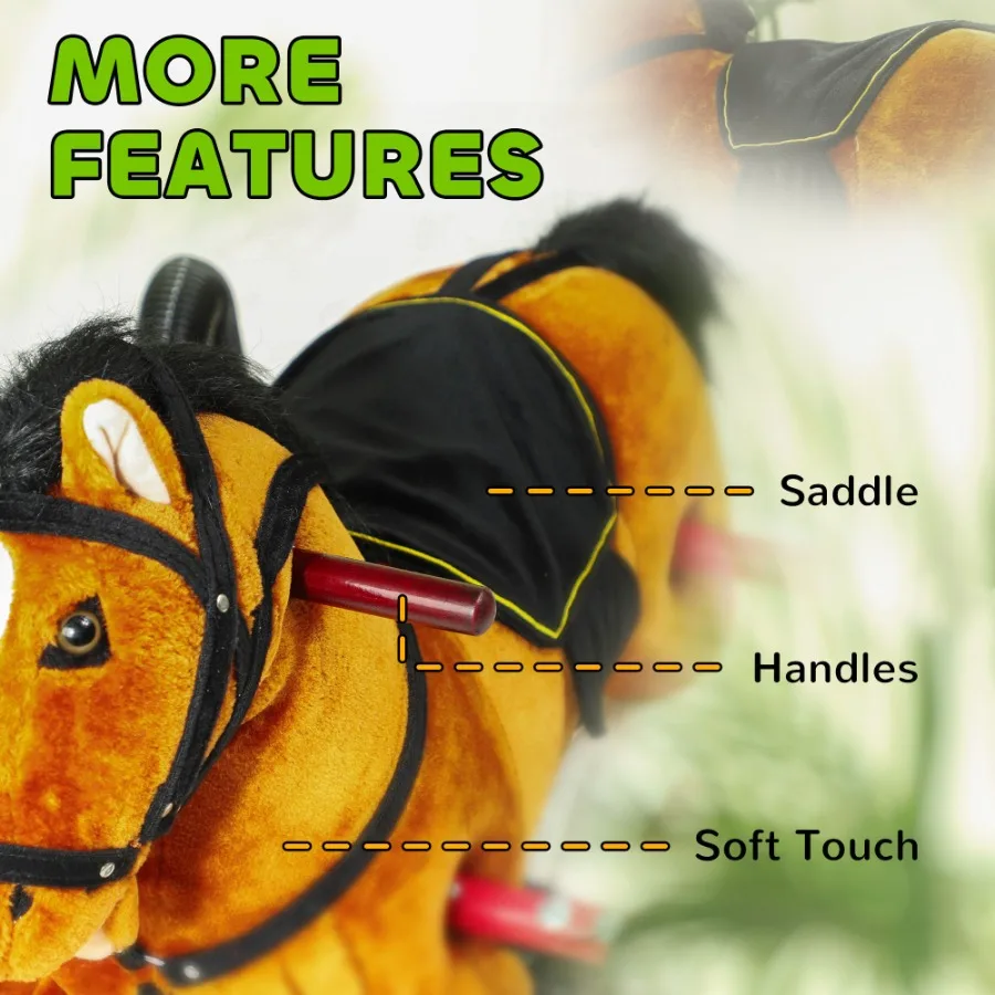 Qaba Spring Rocking Horse Ride on Horse Plüsch-Rideon mit Geräuschen, Fußsteigbügel, Sattel für 38 Jahre, Braun