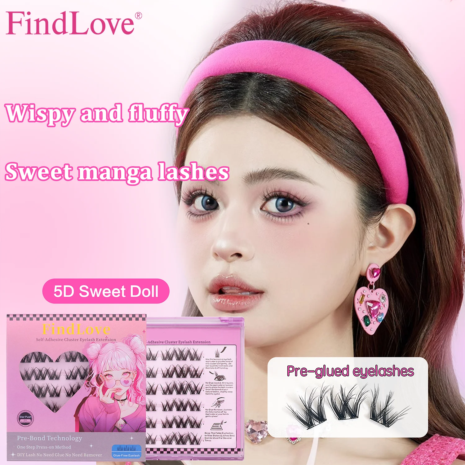 FindLove Doll Eye 3D Fluffy Effect Thick And Long Style No Glue Need Eyelash Extension Pre Bond Lashes Reusable 2-3times Easyuse