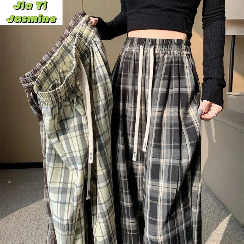 

Four Season Plus Size Checkered Pants with Spring and Summer Retro Style Lace Up Casual High Waisted Straight Leg Wide Leg Pants