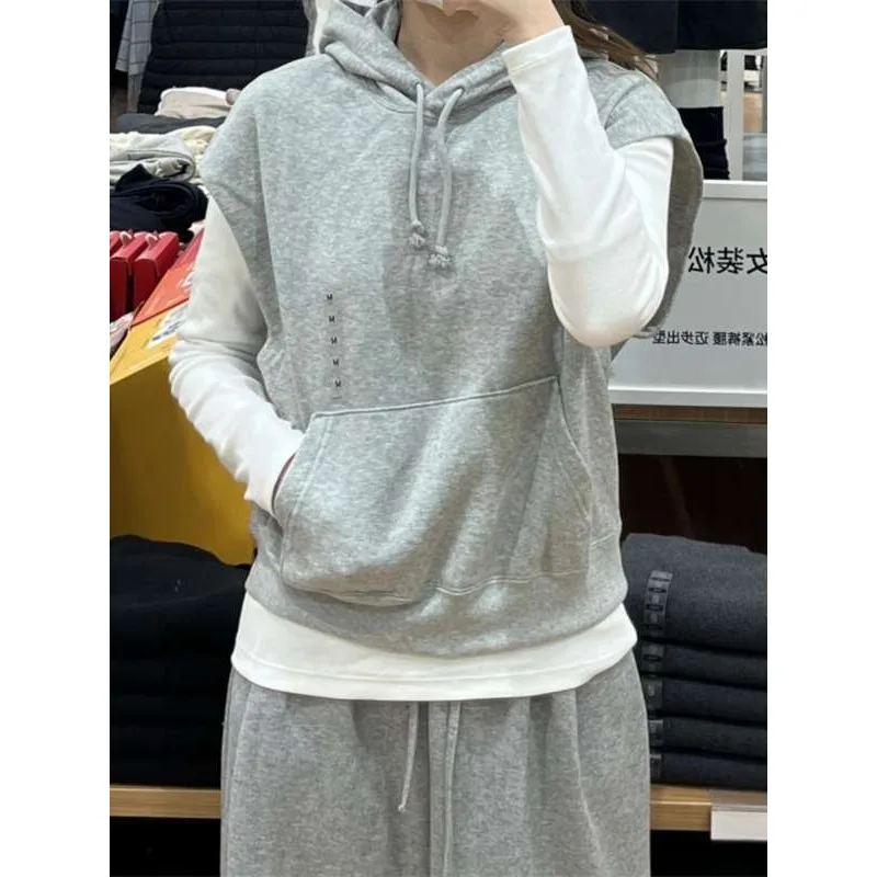 

Juspinice Solid Hooded Sweatshirt for Women Spring and Summer Loose Sleeveless Vest Fashionable Casual Layered Female Clothing