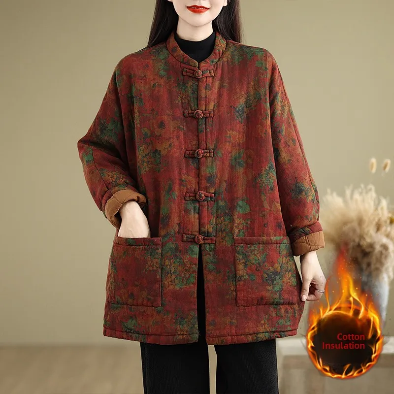 

Autumnal Loose Cotton Jaet Women's Chinese Sle Printed Coat with Button Ethnic Trend Thiened Long Sve Stand Collar
