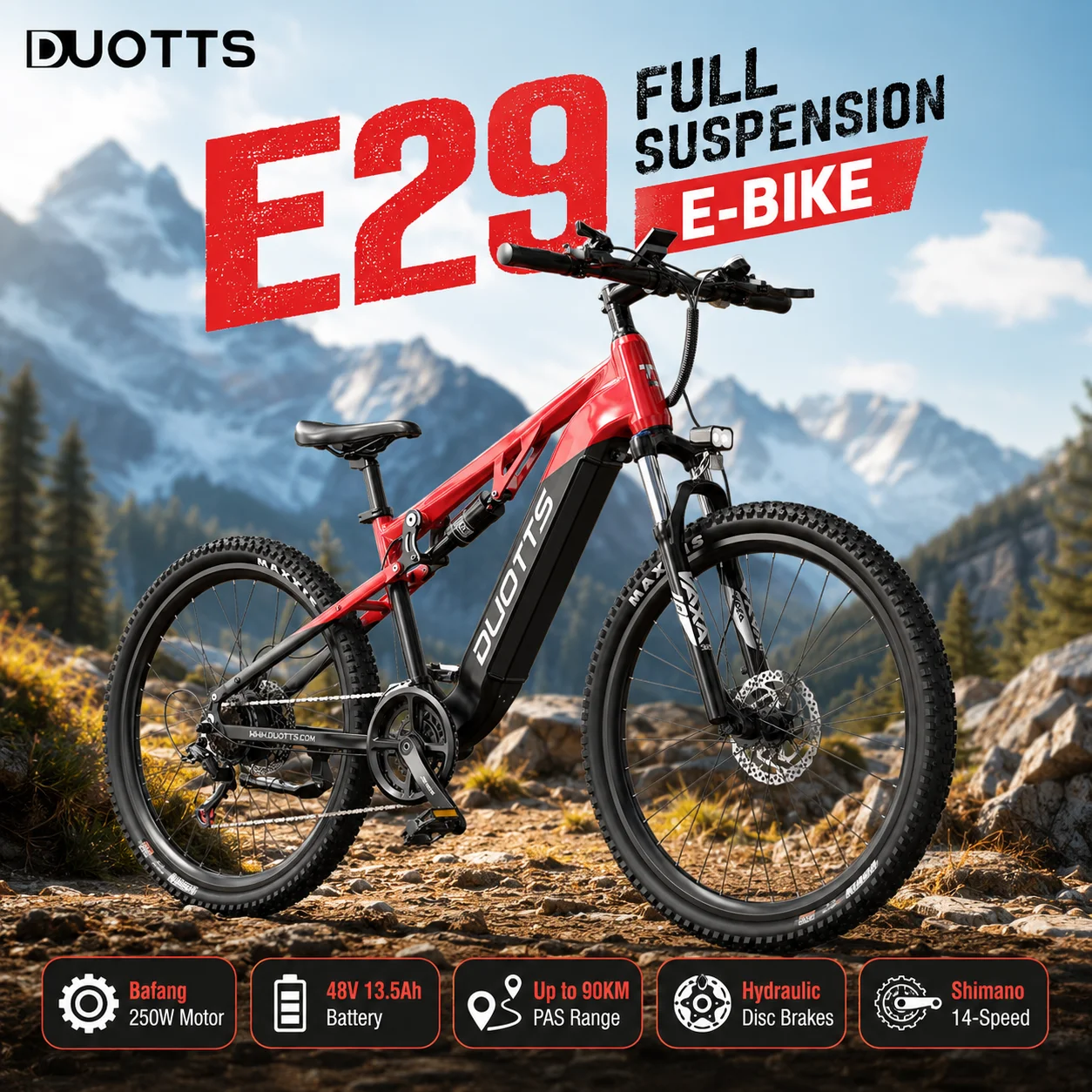 DUOTTS E29, e-bike all-terrain per adulti, motore 720W di picco, batteria 48V 13,5Ah, autonomia PAS 90 km, freni idraulici, Shimano 14 velocità, sensore di coppia centrale, pneumatici 27,5″, bici