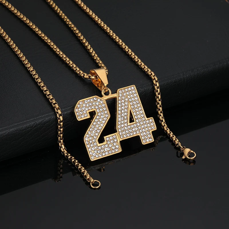 Hip Hop Rhinestone Paved Bling Iced Out Stainless Steel Number 24 8 Pendant Necklace for Men Jewelry Drop Shipping