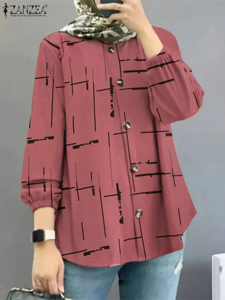 

ZANZEA Isamic Clothing Turkey Blouse Muslim Fashion Printed Tops Women Long Sleeve Shirts Bohemian Holiday Blouses Dubai Abaya
