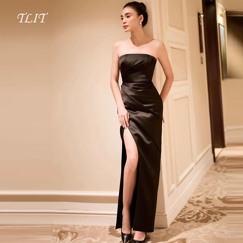 فساتين سهرة أنيقة من TLIT مصنوعة من الحرير الأسود والساتان حورية البحر فستان زفاف كوري لالتقاط الصور بدون حمالات فساتين حفلات مخصصة #1