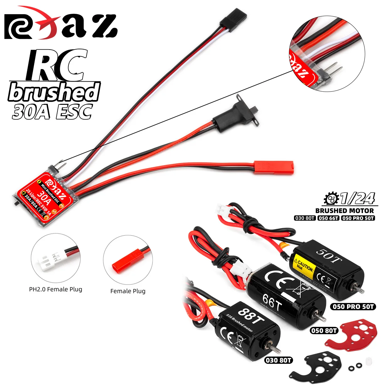 RCXAZ RC ESC Mini 30A cepillado ESC Combo con Motor cepillado 030 050 para 1/18 1/24RC Hill Climber Axial SCX24 FCx24 piezas de mejora