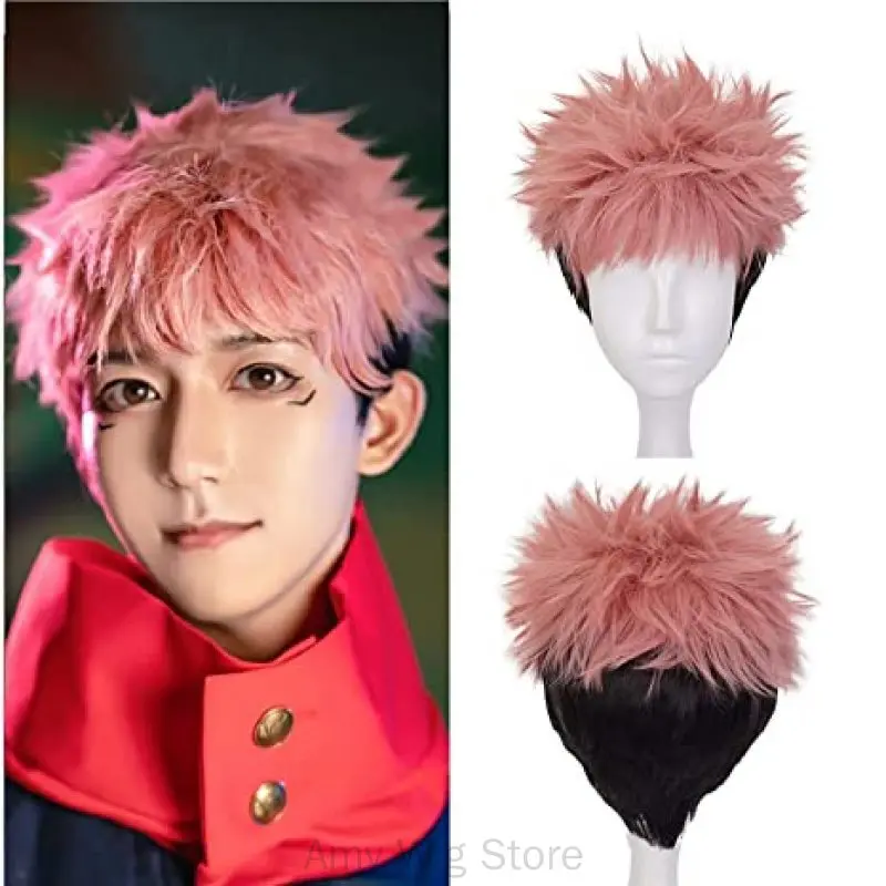 Perruque de Cosplay courte pour Yuji Itadori, mélange de rose et de noir, perruque de fête à thème d'halloween, perruque de Cosplay Anime