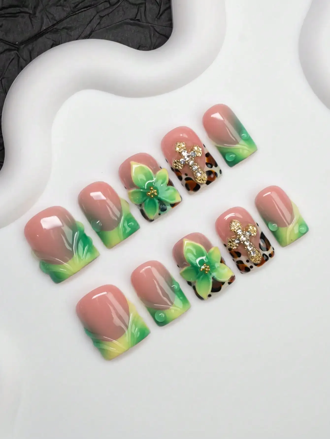 

10pcs Square Shaped Handmade Nail Tips, Y2K Baddie Style, Nude & Green Color With French Tips, Engraved, Cross, Zebra Print