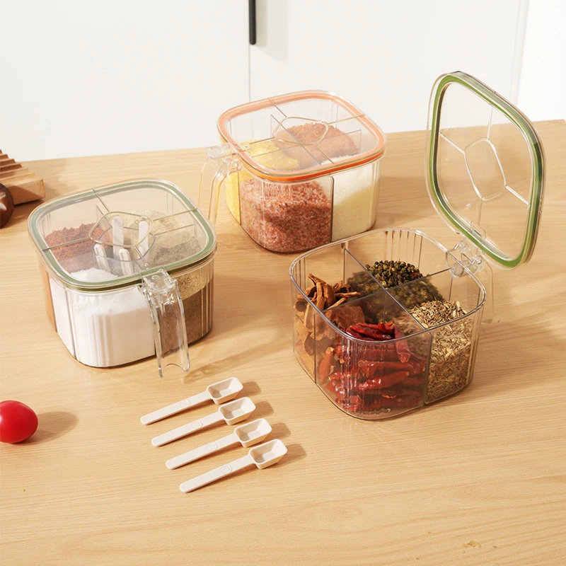 4 Grids Transparent Lid Spice Jar Chili Powder Sugar Bowl Condiments Storage Container Kitchen Gadgets Salt Pepper Seasoning Box