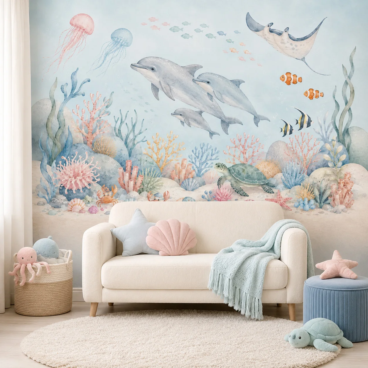 Underwater Sea Animals Self Ad - đánh giá và giá Baby Nursery Peel And Stick Wallpaper